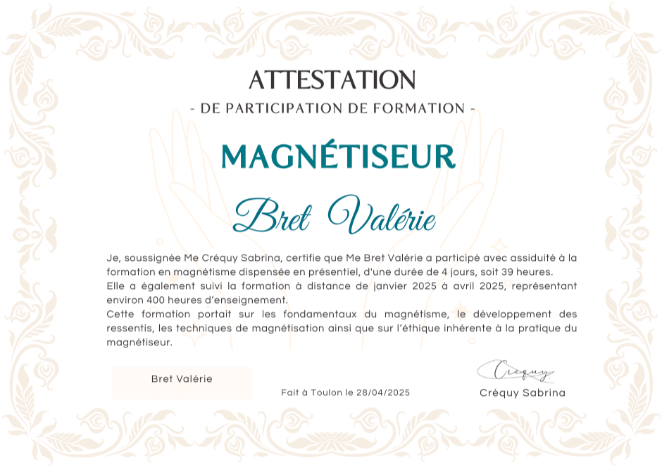 Attestation privée de suivi formation de magnétisme à distance