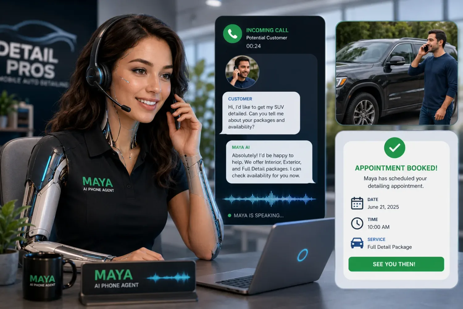 AI phone agent Maya booking an auto detailing appointment