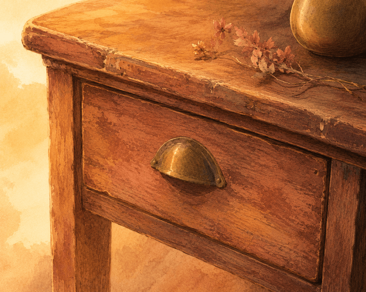 A closed wooden drawer with a brass handle
