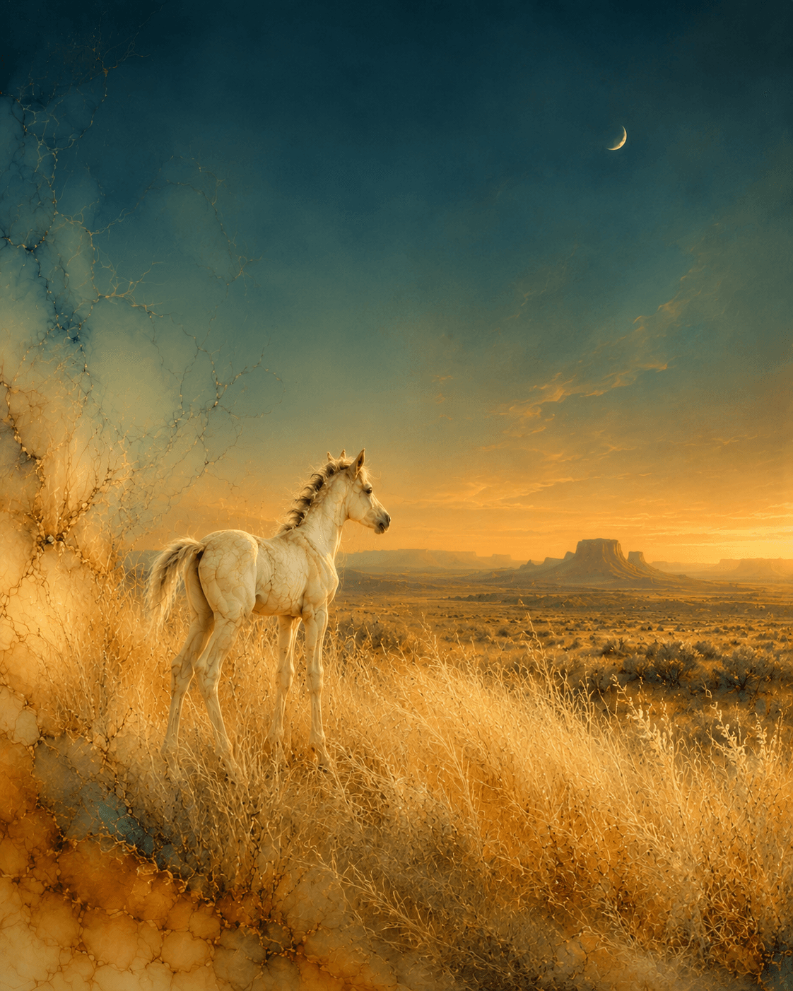 White foal overlooking the Nevada high desert in The Wind Remembered storyworld