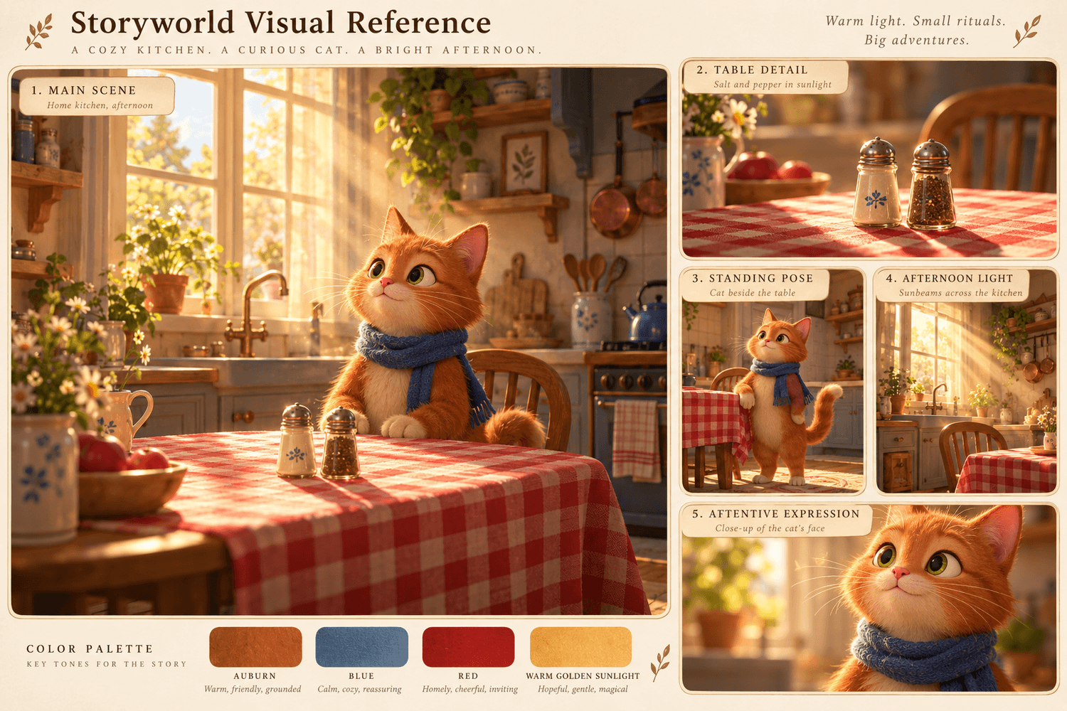 Anthropomorphic cat storyworld visual reference board showing character, kitchen, table details, and warm lighting