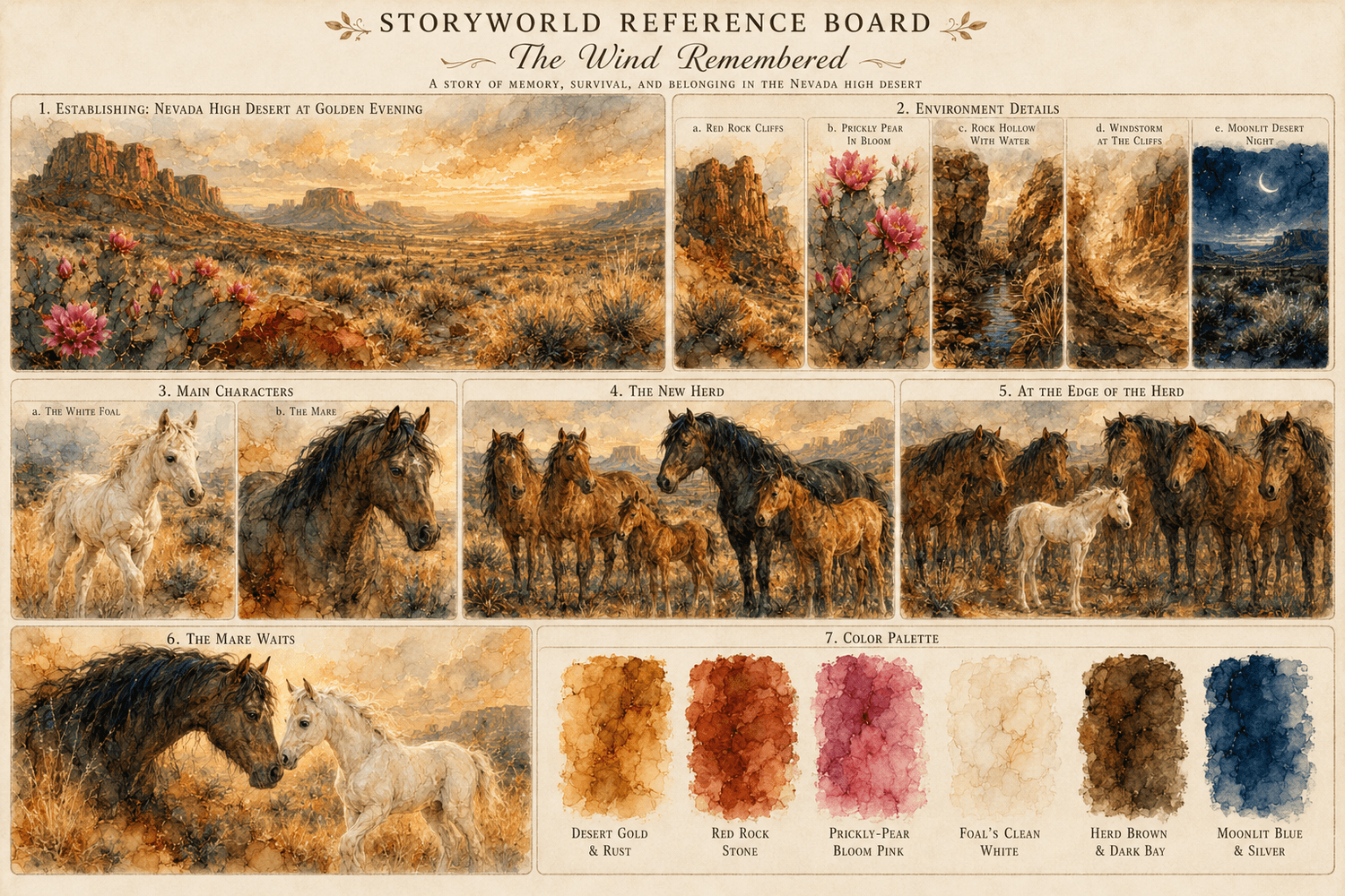 The Wind Remembered storyworld reference board showing desert setting, foal, mare, herd, and color palette