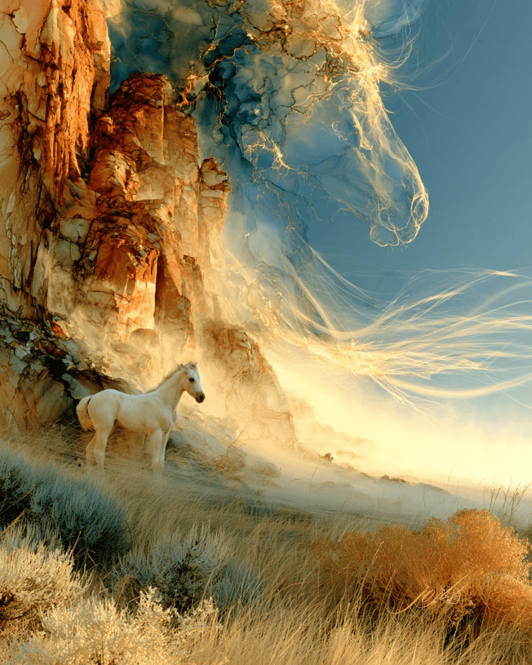 Symbolic scene from The Wind Remembered showing a white foal beneath a large translucent horse form in the desert landscape