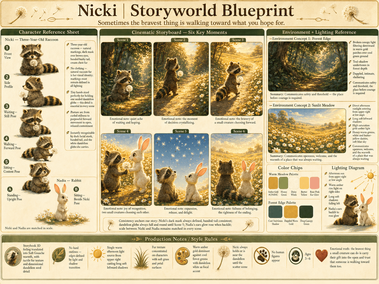Nicki storyworld blueprint showing raccoon character development, key story moments, forest and meadow environments, lighting, and color palette