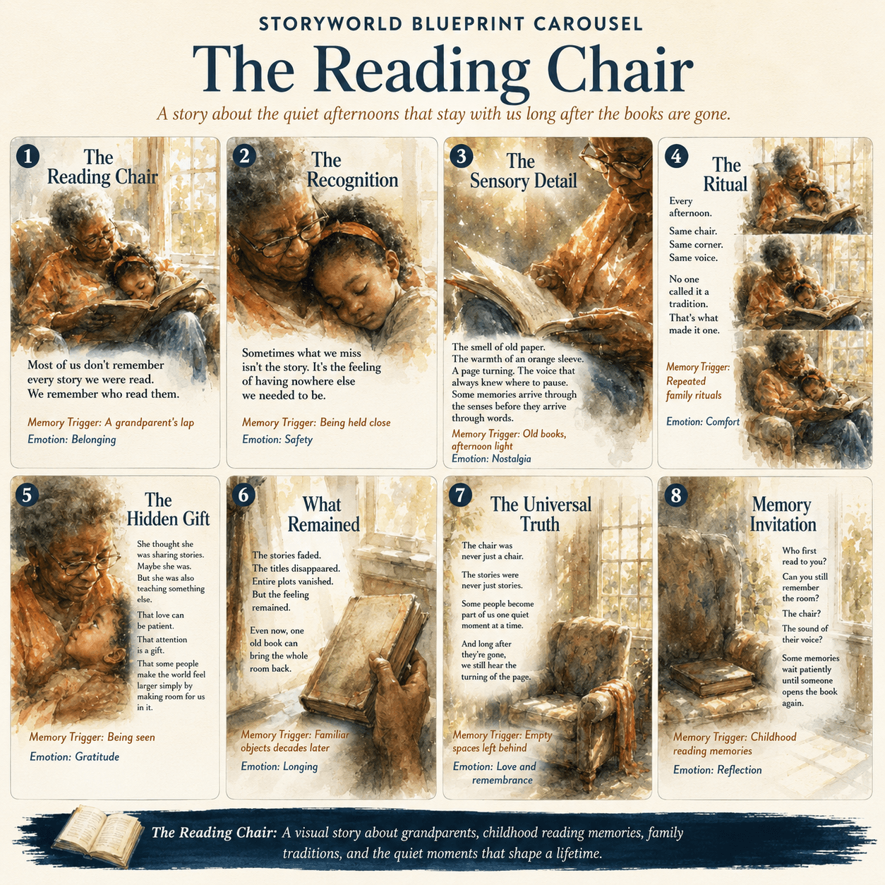 The Reading Chair story sequence showing a grandparent and child sharing books and repeated afternoon rituals