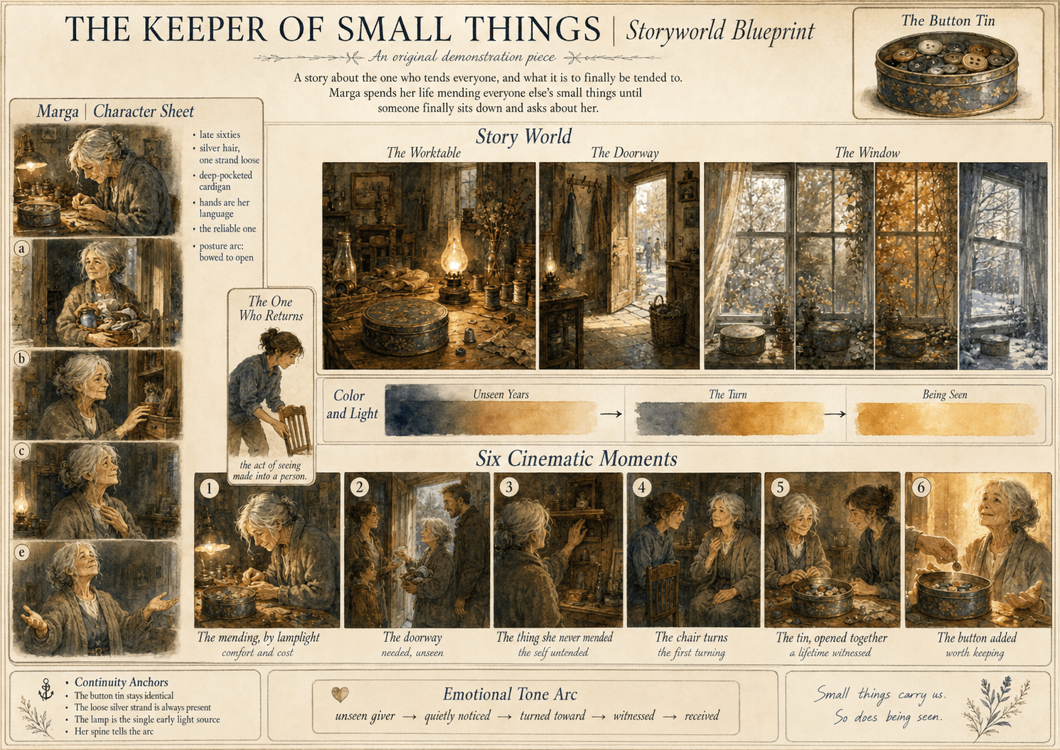 The Keeper of Small Things storyworld blueprint showing Marga, her worktable, button tin, changing seasonal window, cinematic moments, and emotional tone arc