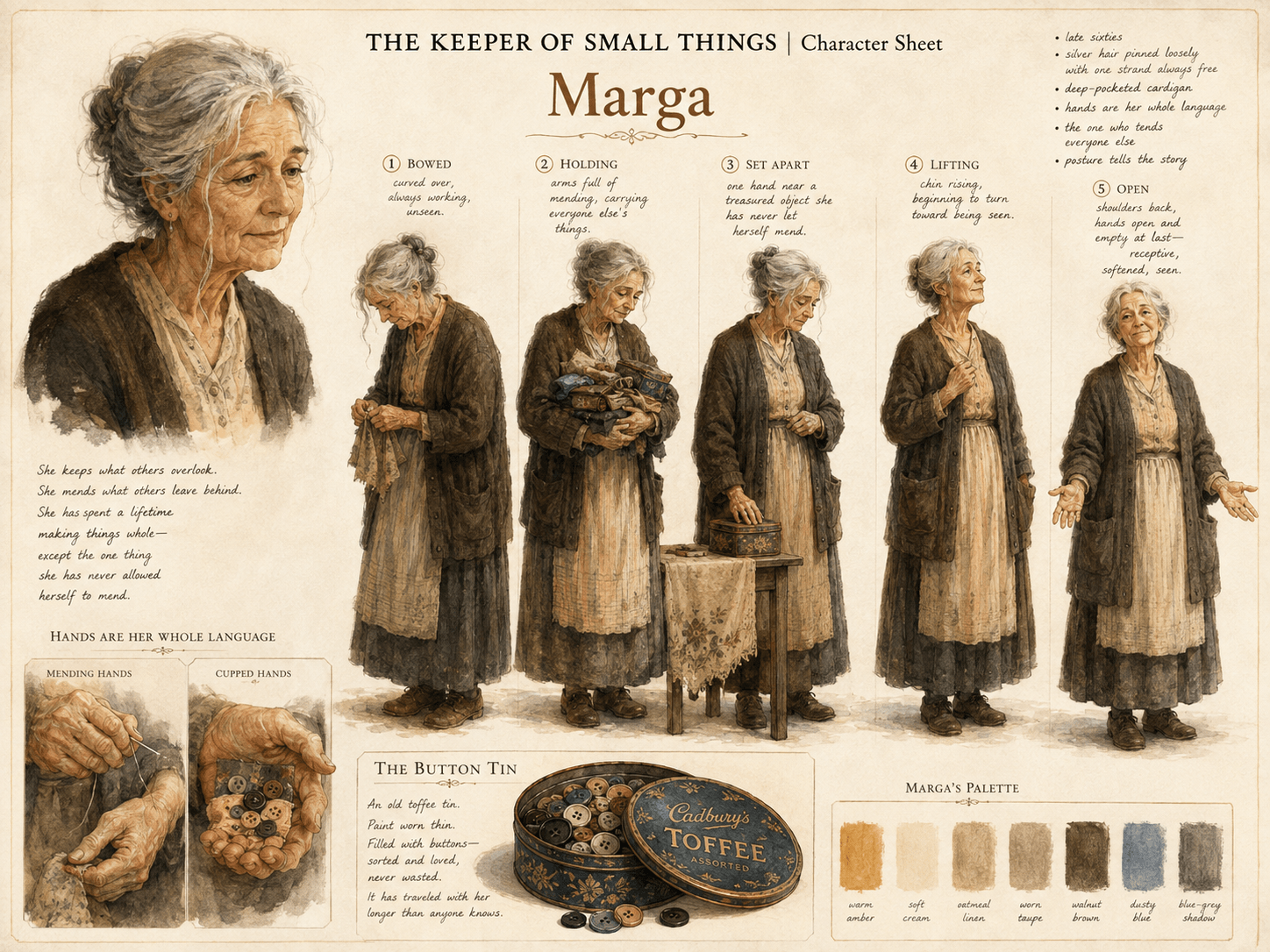 Marga character sheet from The Keeper of Small Things showing posture, hands, recurring objects, and emotional progression