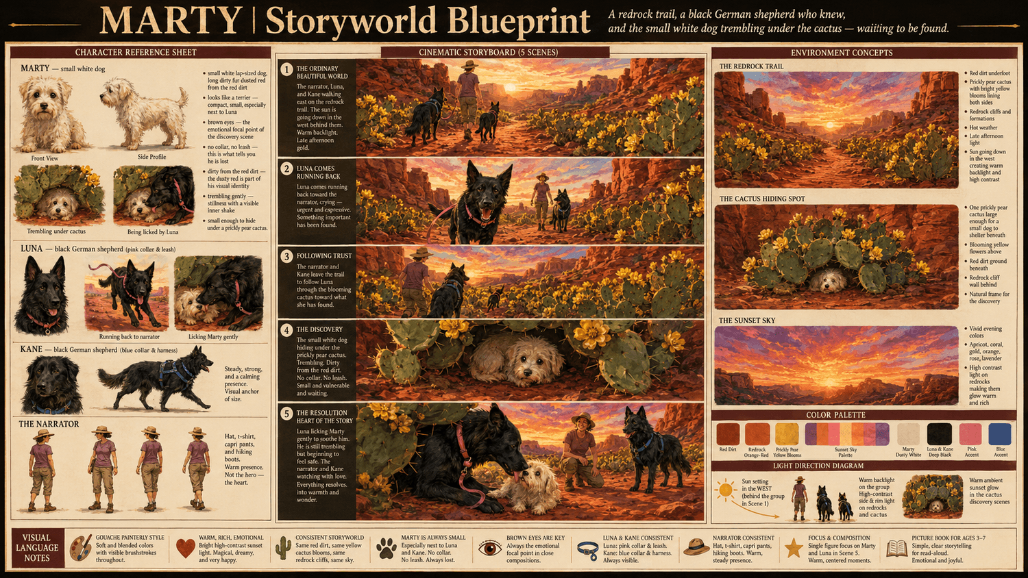 Marty storyworld blueprint showing dogs, a red rock trail, cactus, sunset, and discovery scenes