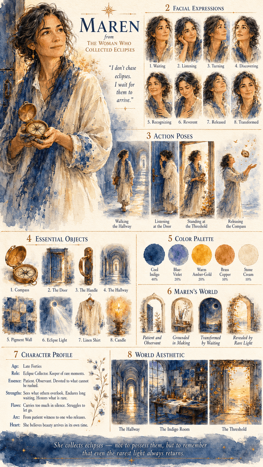 Maren from The Woman Who Collected Eclipses visual development board showing expressions, action poses, symbolic objects, color palette, environments, and world aesthetic