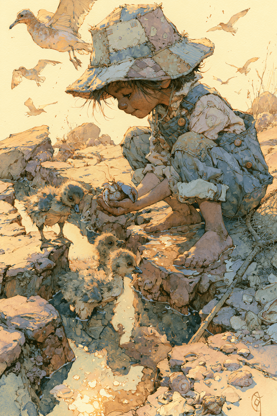 Barefoot child among rocks and birds in a warm illustrated landscape