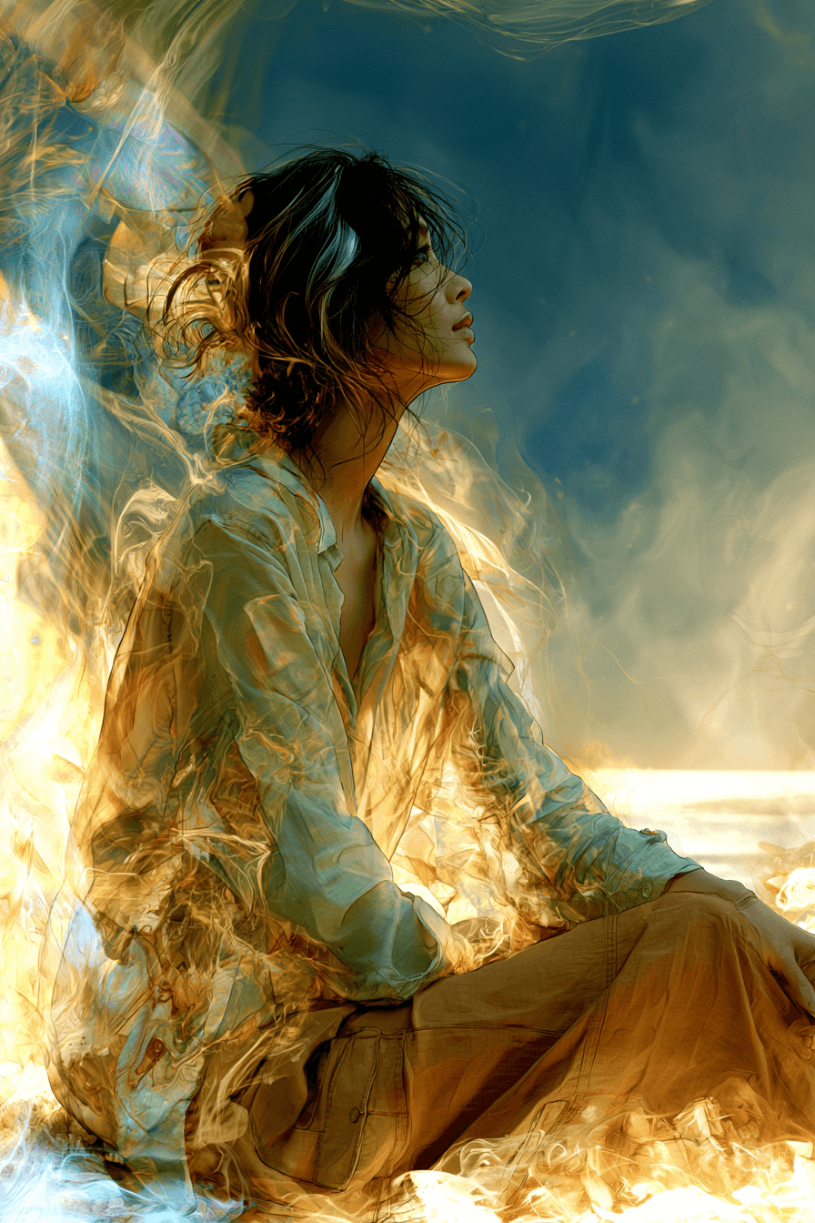 Seated woman surrounded by luminous atmospheric light in a contemplative scene
