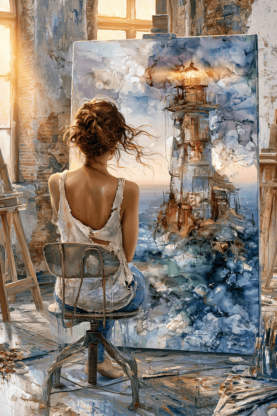 Woman artist seated before a large lighthouse painting in a sunlit studio
