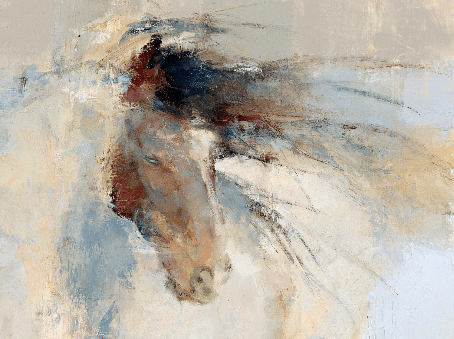 Abstract fine-art portrait of a wild roan mustang with expressive movement and texture