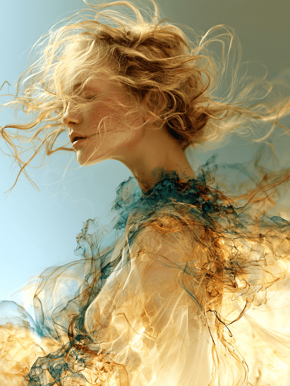 Luminous portrait of a windswept woman in translucent clothing with expressive posture and light