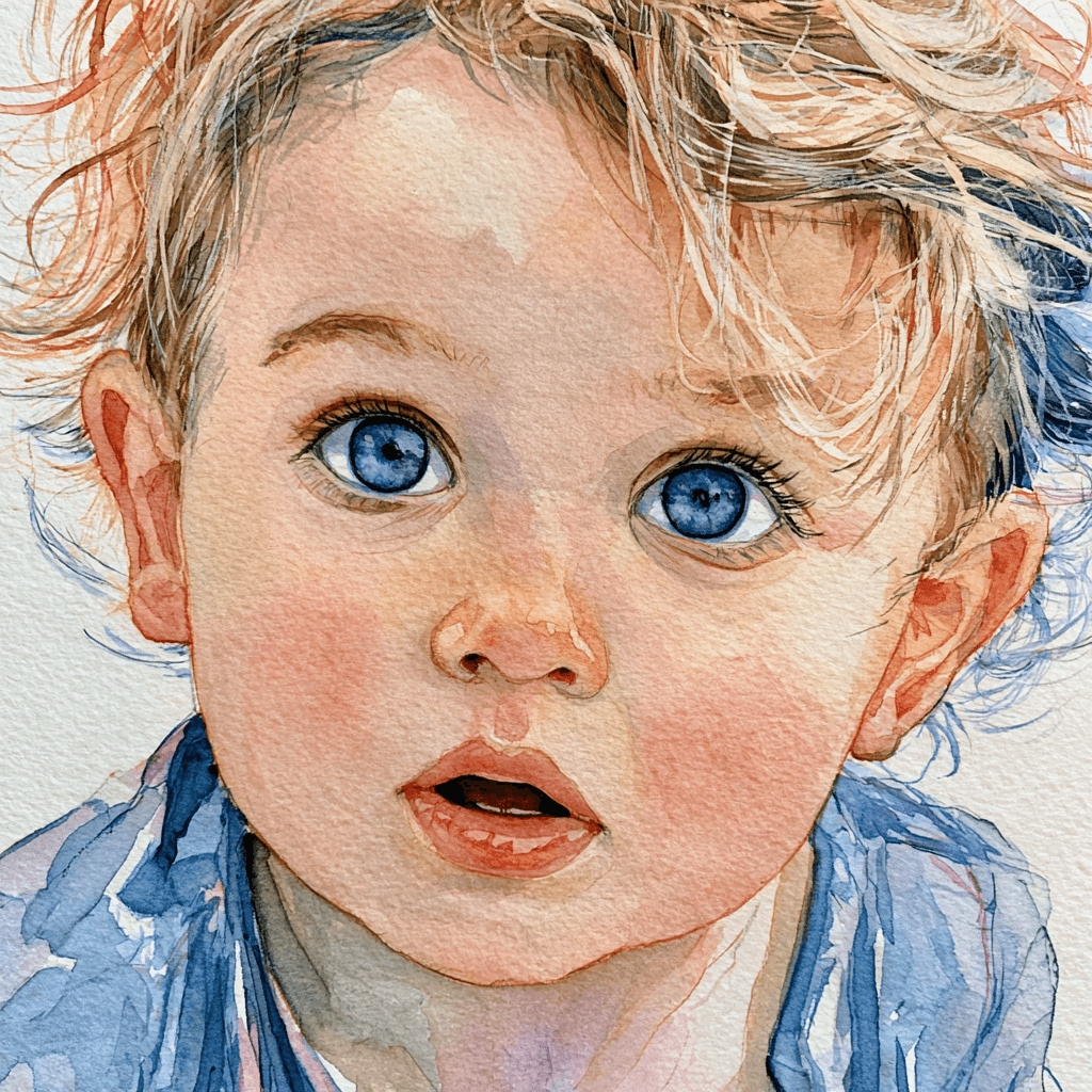Watercolor portrait of a blue-eyed toddler with an open, expressive face