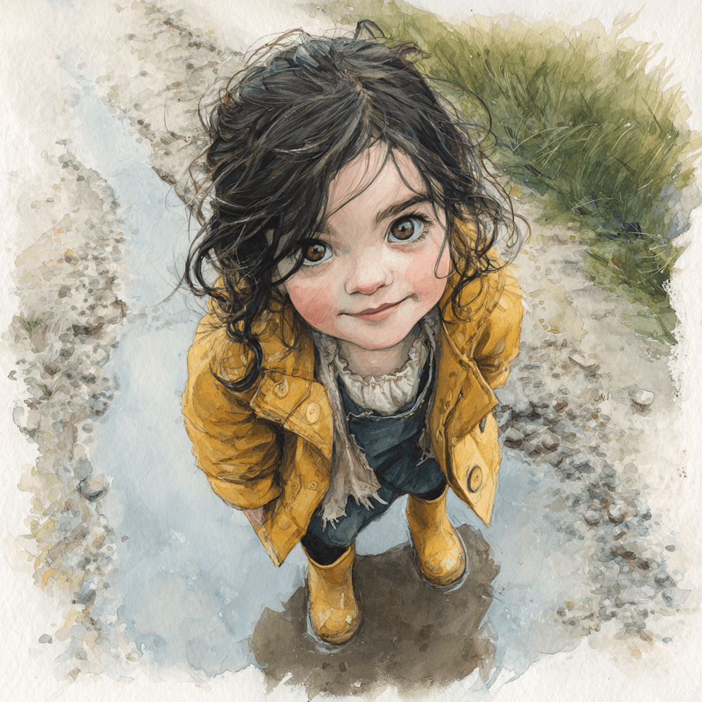 Watercolor storybook portrait of a young girl in a yellow raincoat looking up.