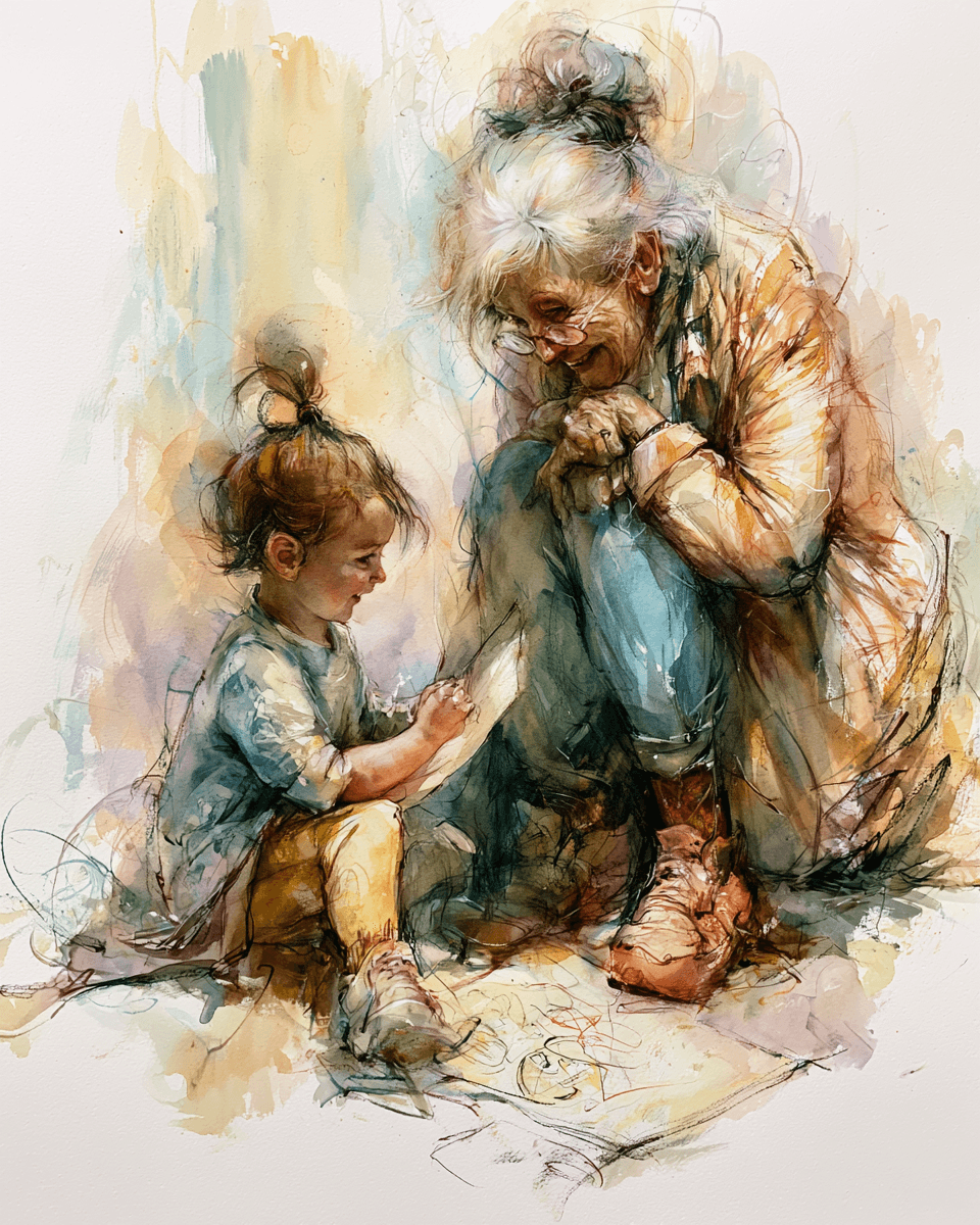 Watercolor illustration of an older woman and a young child sharing a drawing together