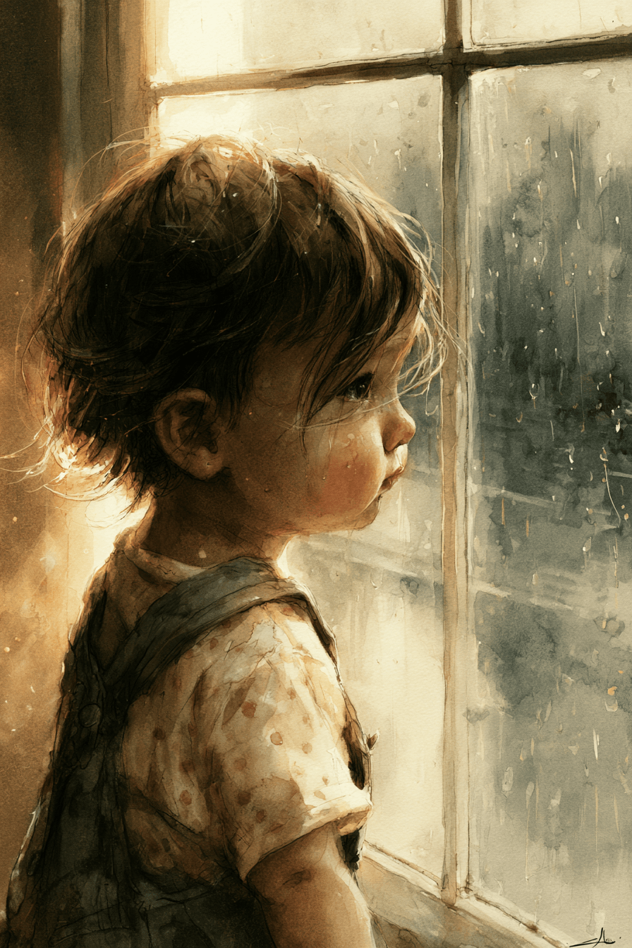 Watercolor illustration of a young girl in profile looking out a rain-streaked window