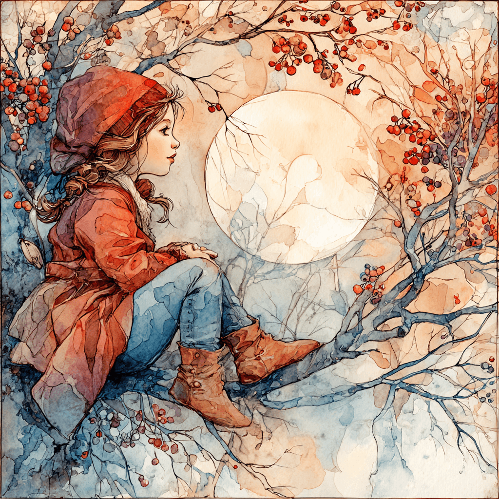 Watercolor storybook illustration of a girl in a red coat sitting in a berry tree beneath the moon