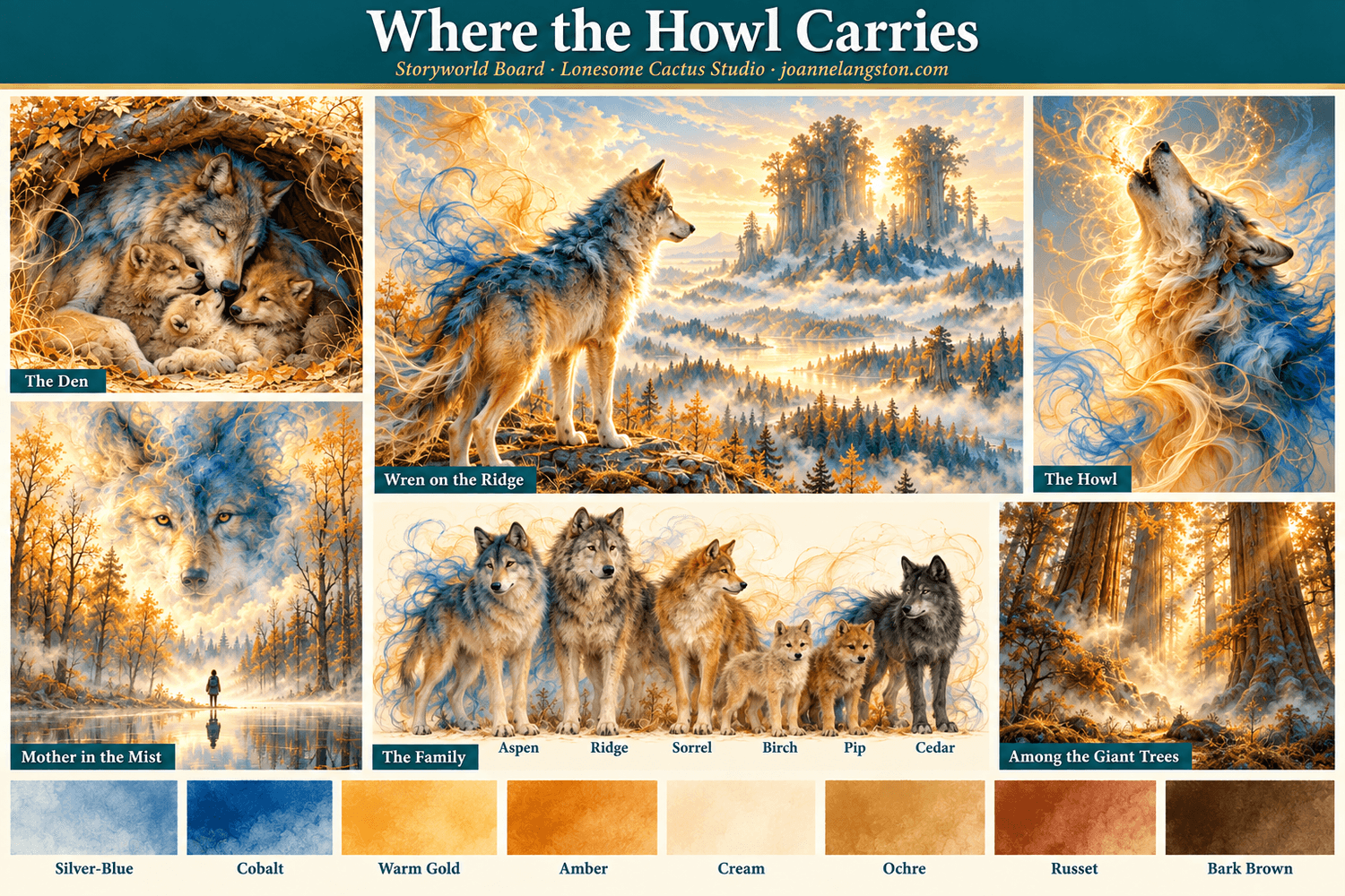 Where the Howl Carries storyworld board showing a wolf family, mountain forest, giant trees, mist, moonlight, and a silver-blue and warm-gold palette