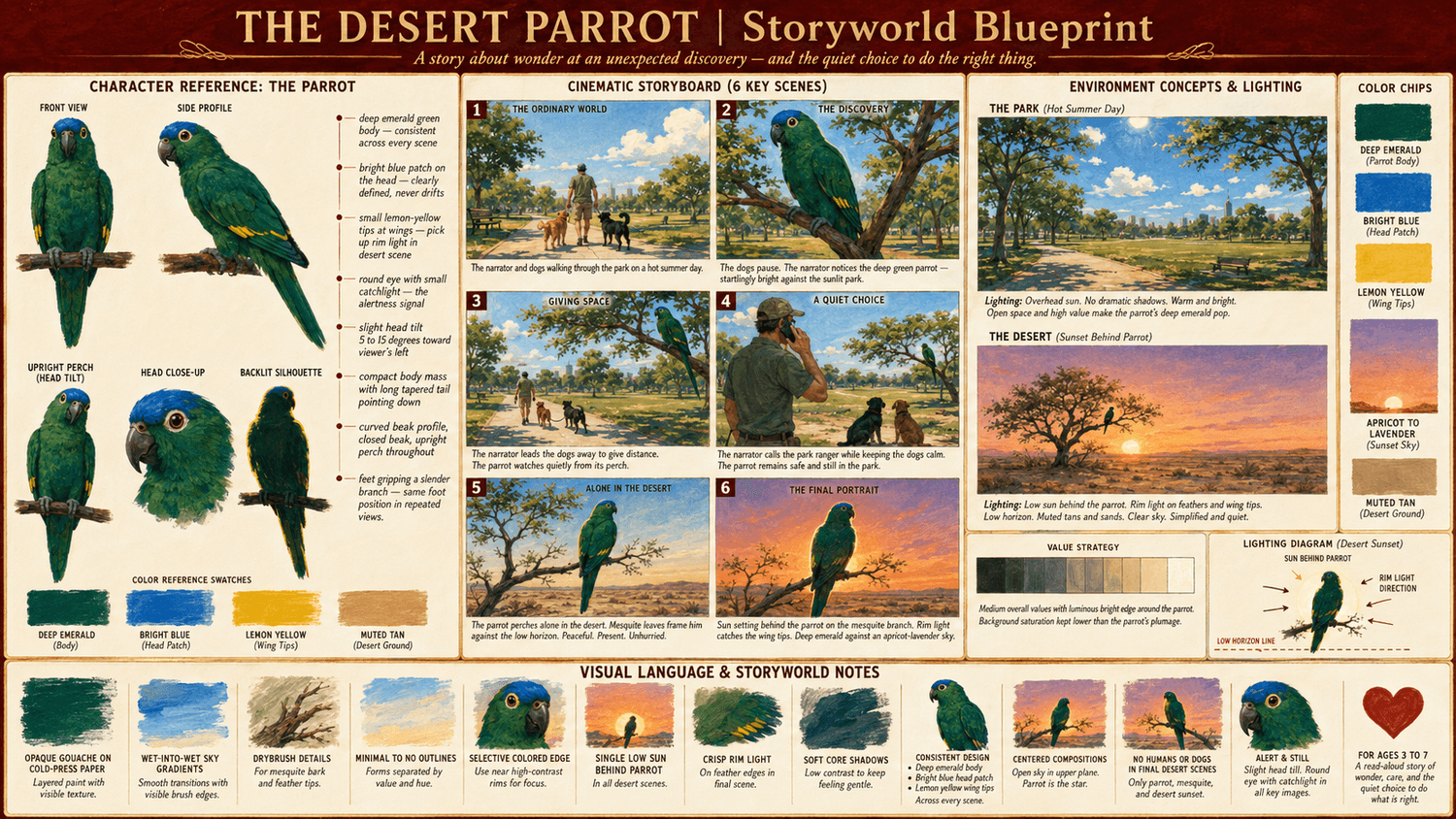 Storyworld blueprint for The Desert Parrot showing character reference, desert and park environments, color palette, lighting, and storyboard scenes