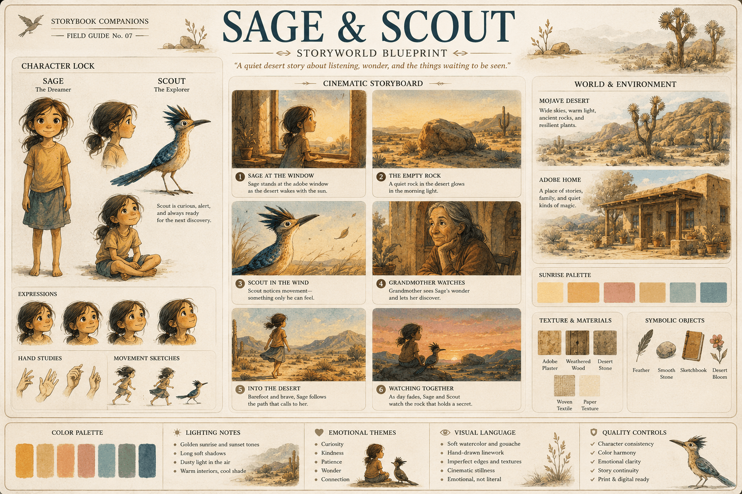 Sage and Scout storyworld blueprint showing a Mojave Desert setting, adobe home, character studies, story scenes, textures, palette, and symbolic objects