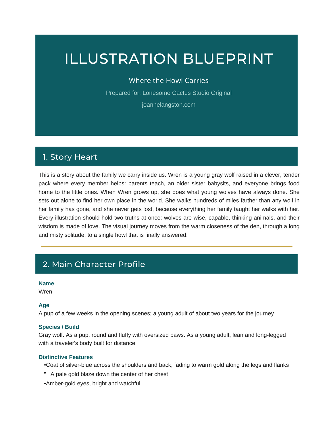 Page one of a Lonesome Cactus Studio Illustration Blueprint showing the story title and Story Heart