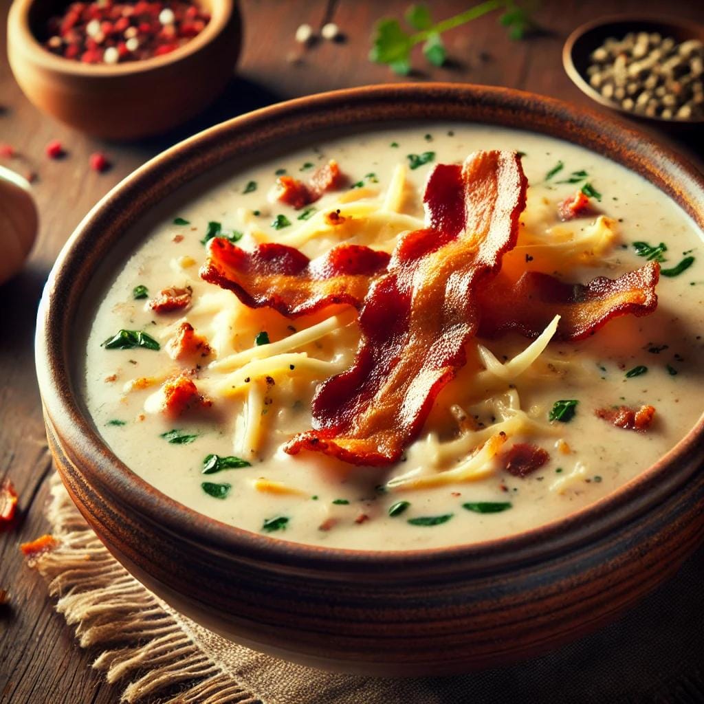 Chicken_Bacon_Ranch_Soup_ A visually stunning image of a healthy keto meal featuring creamy ranch chicken soup and crispy bacon