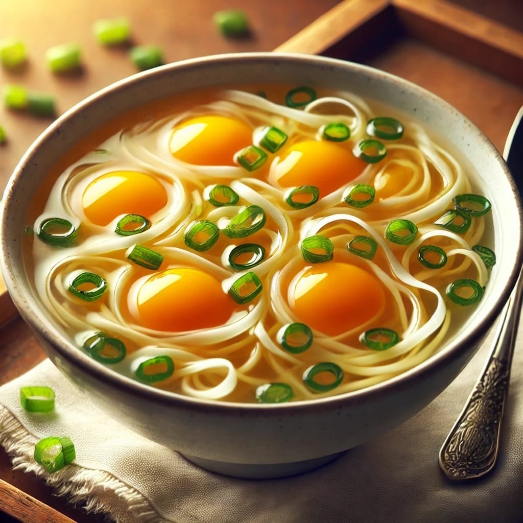 egg drop soup in a white ceramic bowl_healthy keto meal with delicate golden egg ribbons swirling in a clear chicken broth