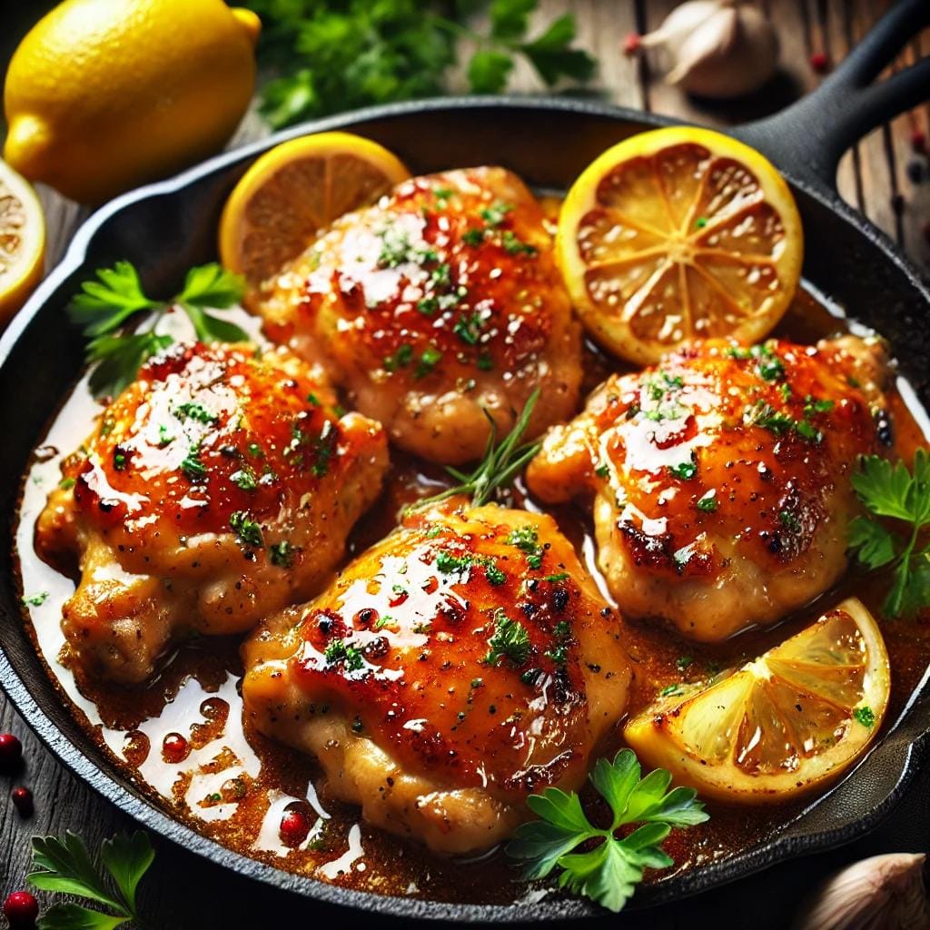 Lemon_Garlic_Butter_Chicken_Skillet_A visually stunning image of a healthy keto dinner featuring garlic butter chicken thighs, lemon wedges, and garnish