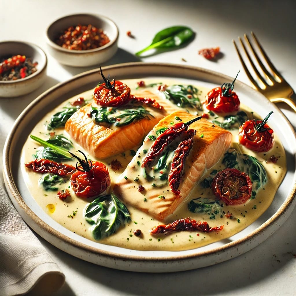 Creamy Tuscan Salmon_easy keto dinner_ featuring seared salmon fillets nestled in a rich, creamy garlic sauce with sun-dried tomatoes and wilted spinach leaves