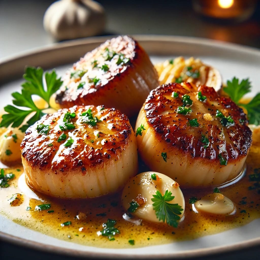 A luxurious plate of sea scallops with butter sauce, featuring perfectly seared scallops with a golden-brown crust, drizzled with a rich, velvety buttg