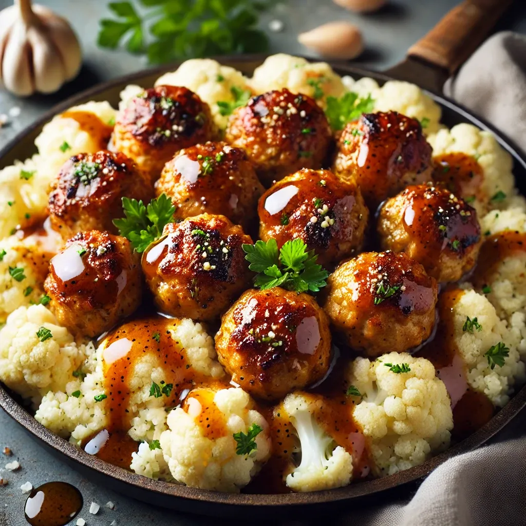 A hearty plate of garlic butter chicken meatballs with cauliflower rice, featuring golden-brown chicken meatballs drizzled with rich, aromatic garlic