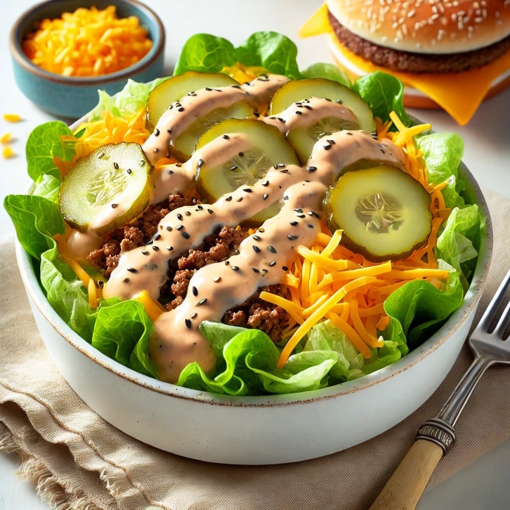 A mouthwatering Big Mac Salad_stunning image of a healthy easy_ in a white bowl, featuring fresh, crisp lettuce, seasoned ground beef, shredded cheddar cheese, and a generous drizzle of ranch dressing