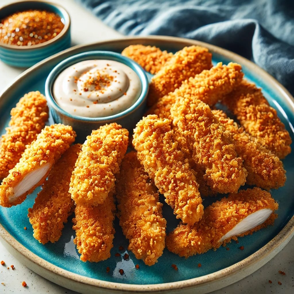 Air Fryer Chicken Tenders_easy delicious keto dinner_arranged neatly on a vibrant blue plate. The tenders have a crunchy low-carb almond flour coating