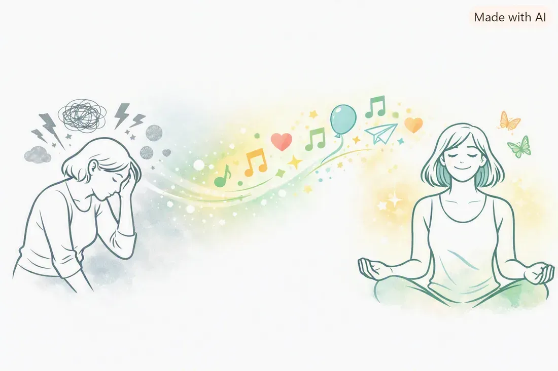 Illustration : une femme stressée, la main sur le front, puis apaisée en méditation, reliée par des notes de musique, des cœurs et des papillons