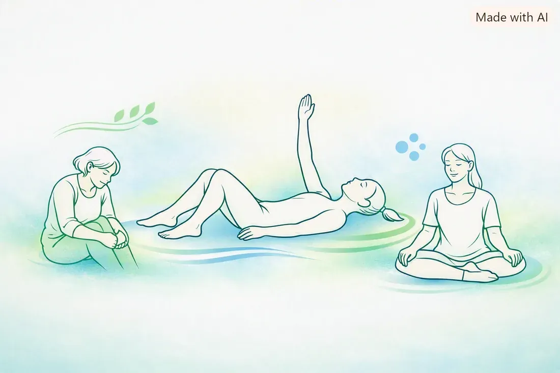 Illustration : trois personnes en mouvements doux, l’une assise, l’une allongée le bras levé, l’une en tailleur