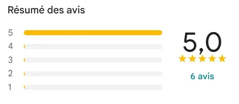 Résumé des avis Google : note de 5,0 sur 5 pour 6 avis