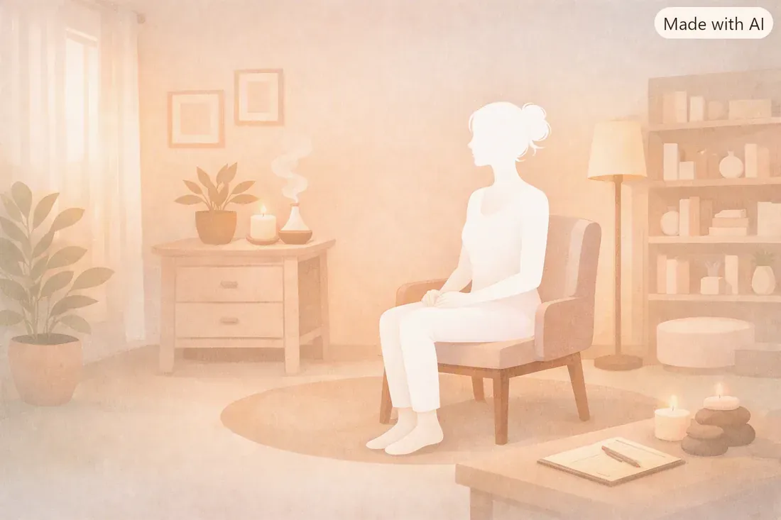 Illustration : une personne assise dans un fauteuil, dans une pièce calme éclairée par une bougie et une lampe