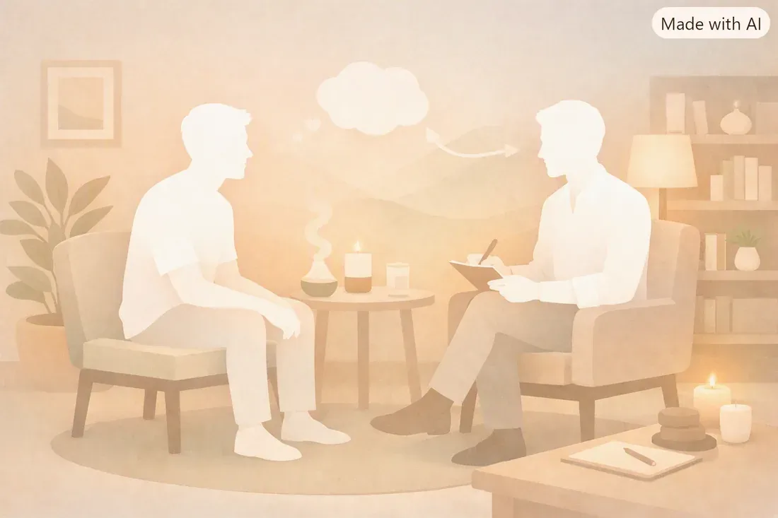 Illustration : deux personnes assises face à face dans des fauteuils, l’une prenant des notes
