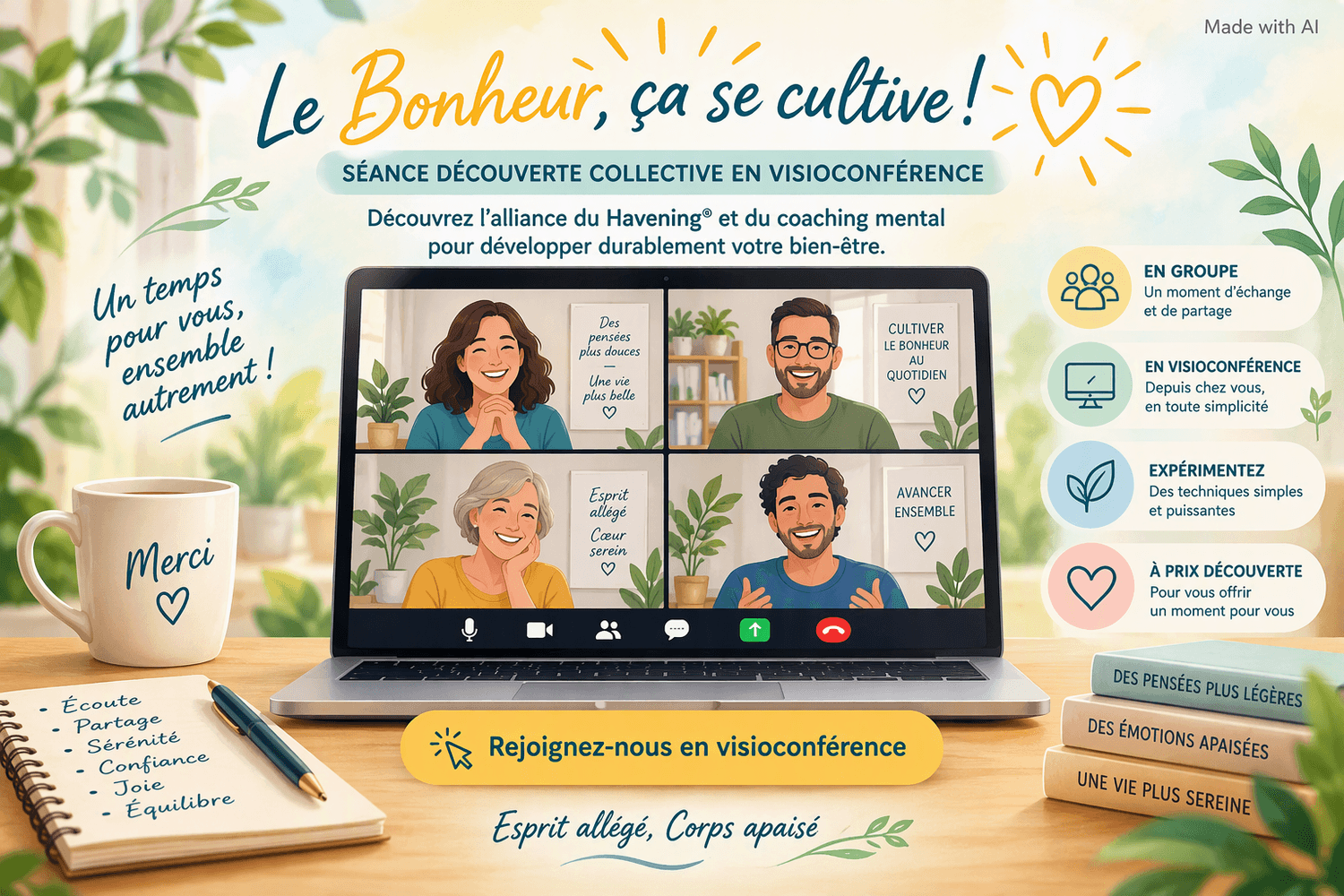 Illustration : trois personnes en mouvements doux, l’une assise, l’une allongée le bras levé, l’une en tailleur