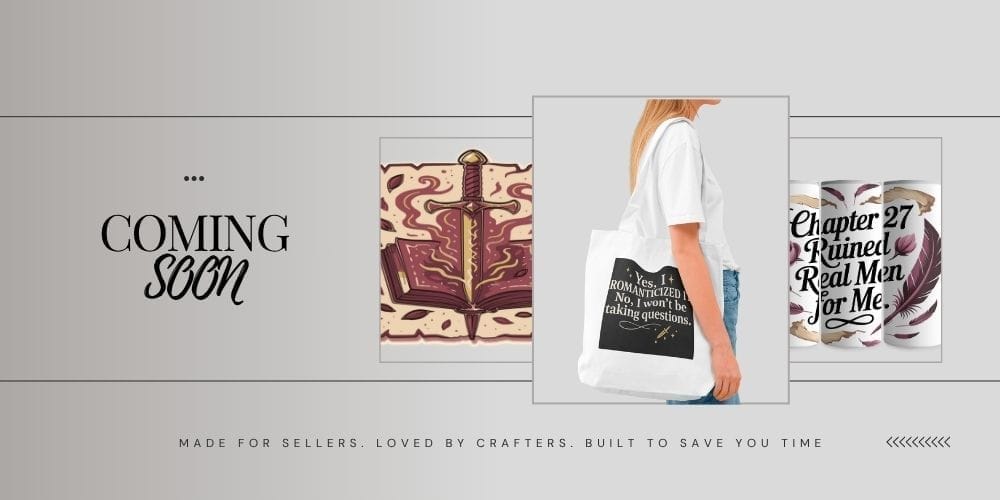 Product mockup banner showing a tote bag, tumblers, and book-themed art for POD sellers and crafters — coming soon from Flourish Creation Labs
