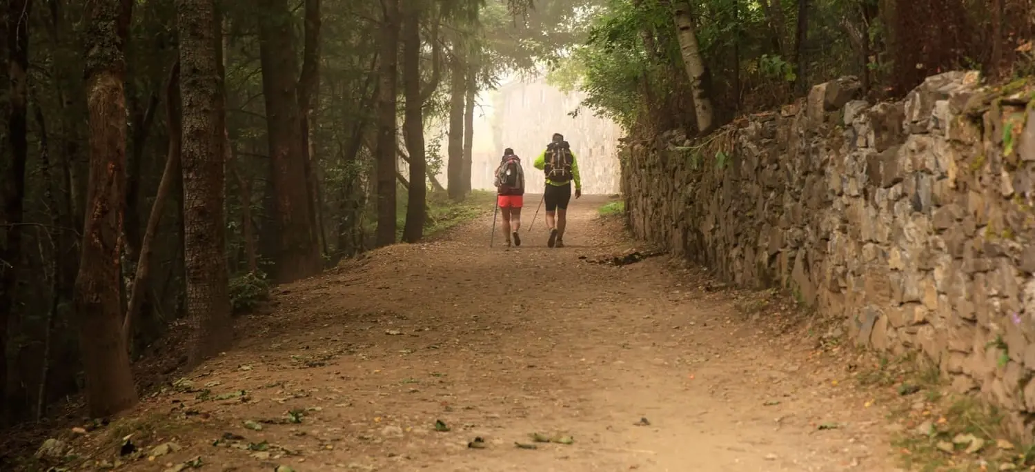 Dos peregrinos del Camino en Unidad por un sendero entre árboles en Galicia