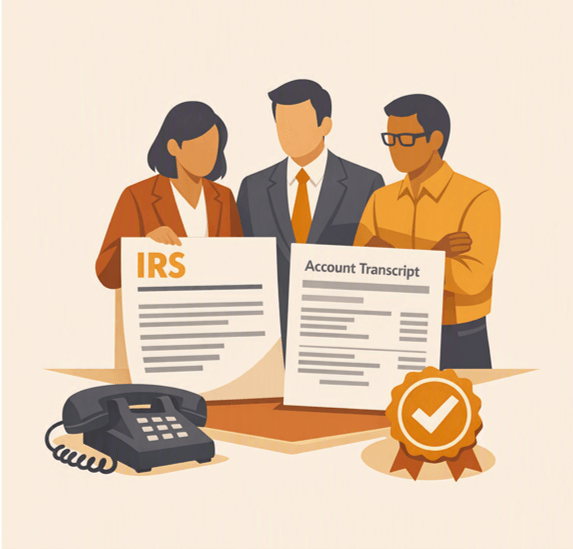Illustration of a team reviewing an IRS notice and account transcript