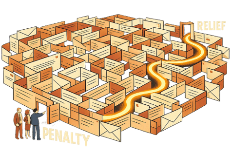Illustration of a maze built from IRS notices and penalty terms with the route to relief highlighted