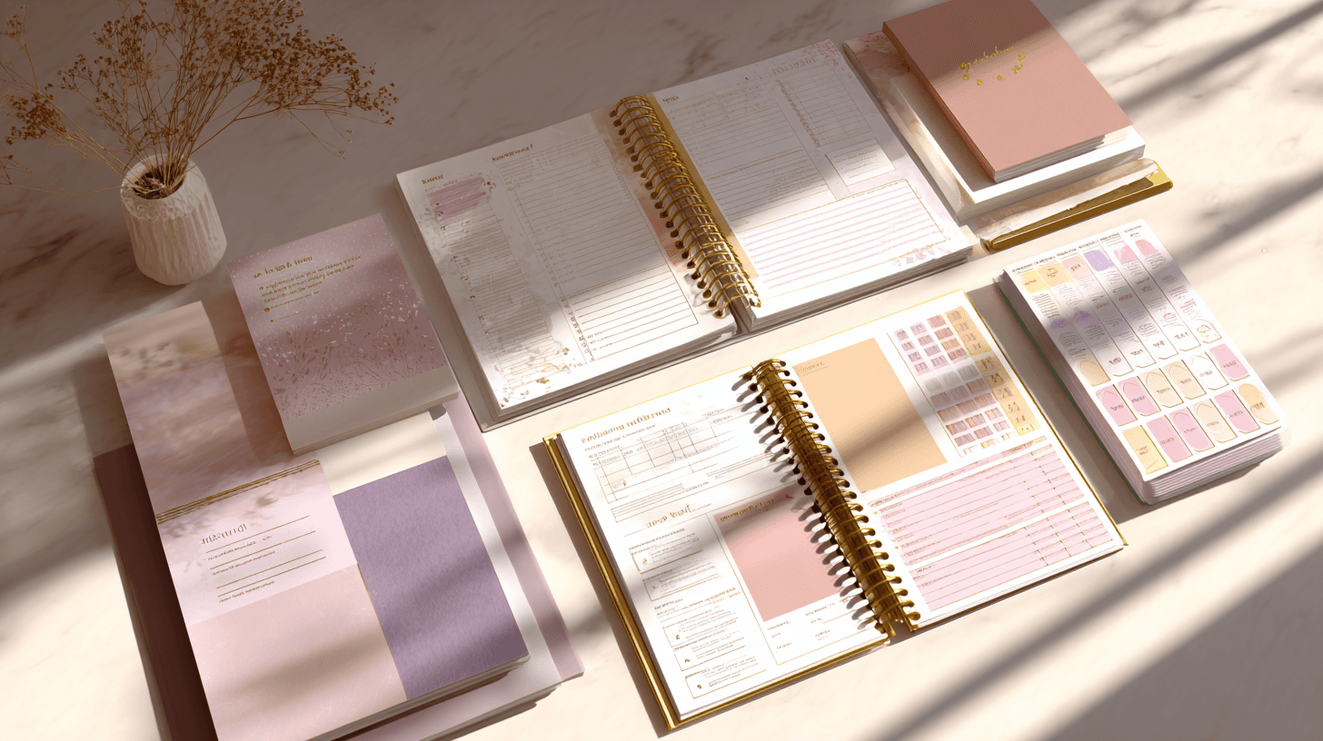 Flat lay of printable planner pages and journaling kits with clipart and trackers – ideal for selling digital planner templates using clipart.