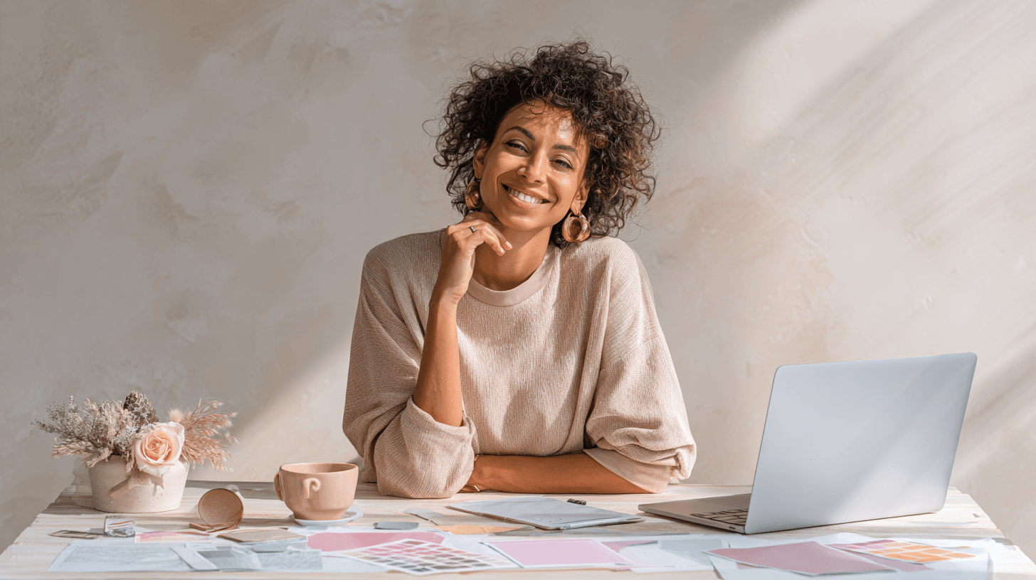 Female digital product creator working with clipart and digital papers at a bright desk using Canva, ideal for beginners creating and selling printables.