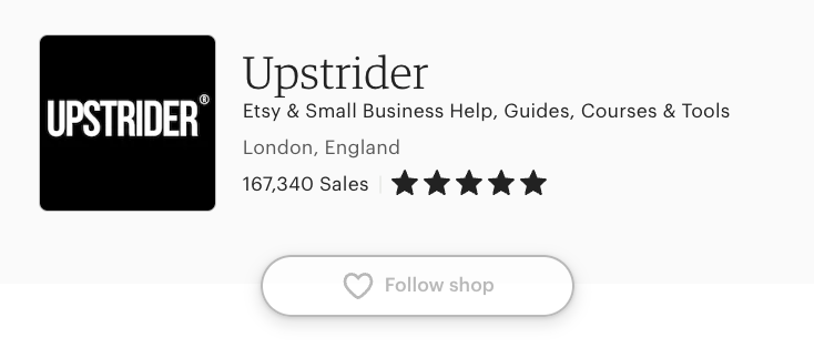 Upstrider Etsy shop profile showing 167,340 sales and a 5-star rating for digital business tools and guides.