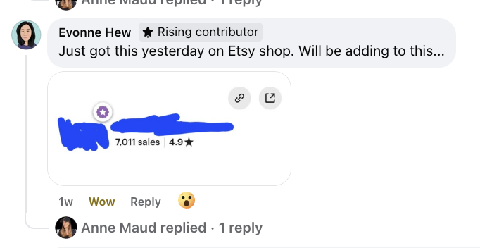 Facebook comment from Evonne Hew sharing her 7,011 Etsy sales milestone and plans to expand with a screenshot of her store rating.
