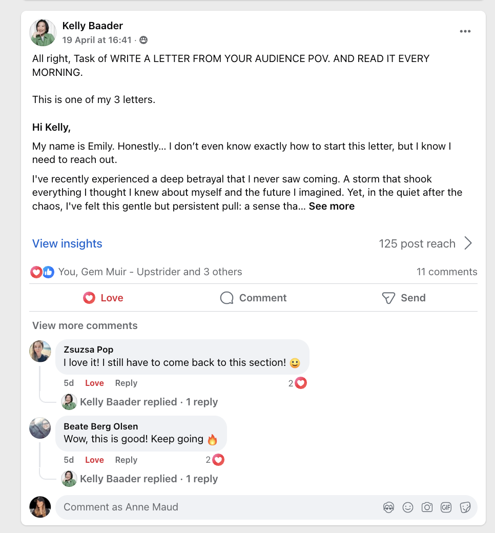 Facebook post by Kelly Baader showing a sample audience letter from a task inside the 30K+ Plan™, with supportive comments from fellow members.